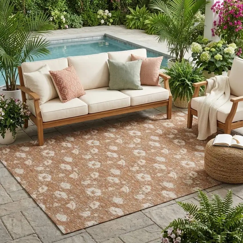 Rust And Orange Floral Washable Indoor Outdoor Area Rug Photo 1