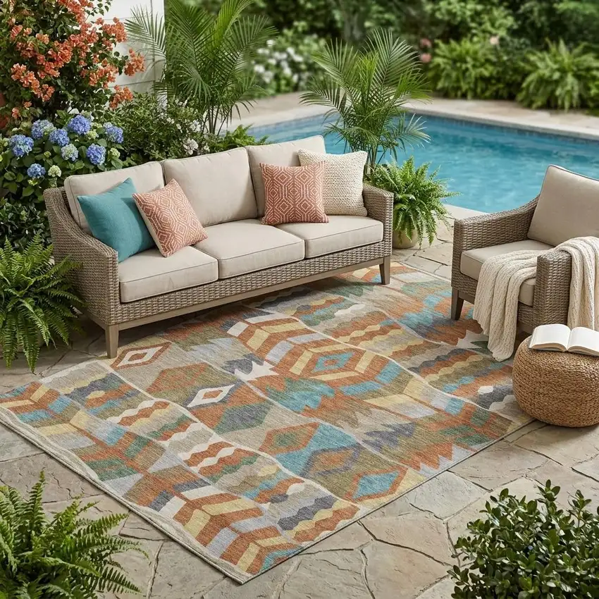 Rust And Orange Geometric Washable Indoor Outdoor Area Rug Photo 1
