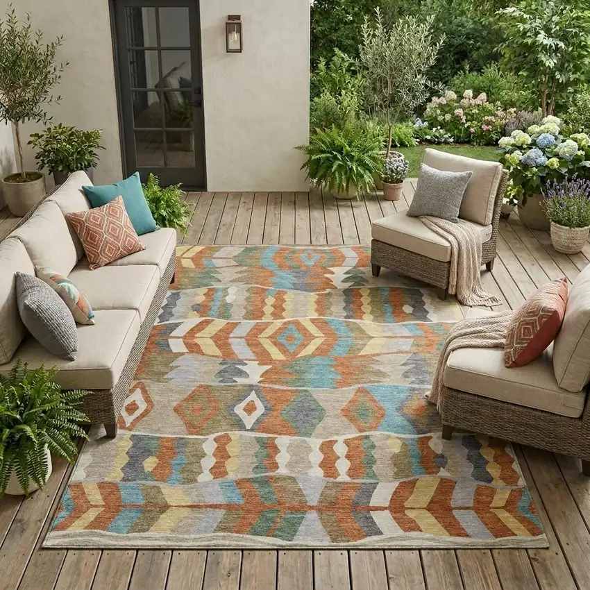Rust And Orange Geometric Washable Indoor Outdoor Area Rug Photo 1