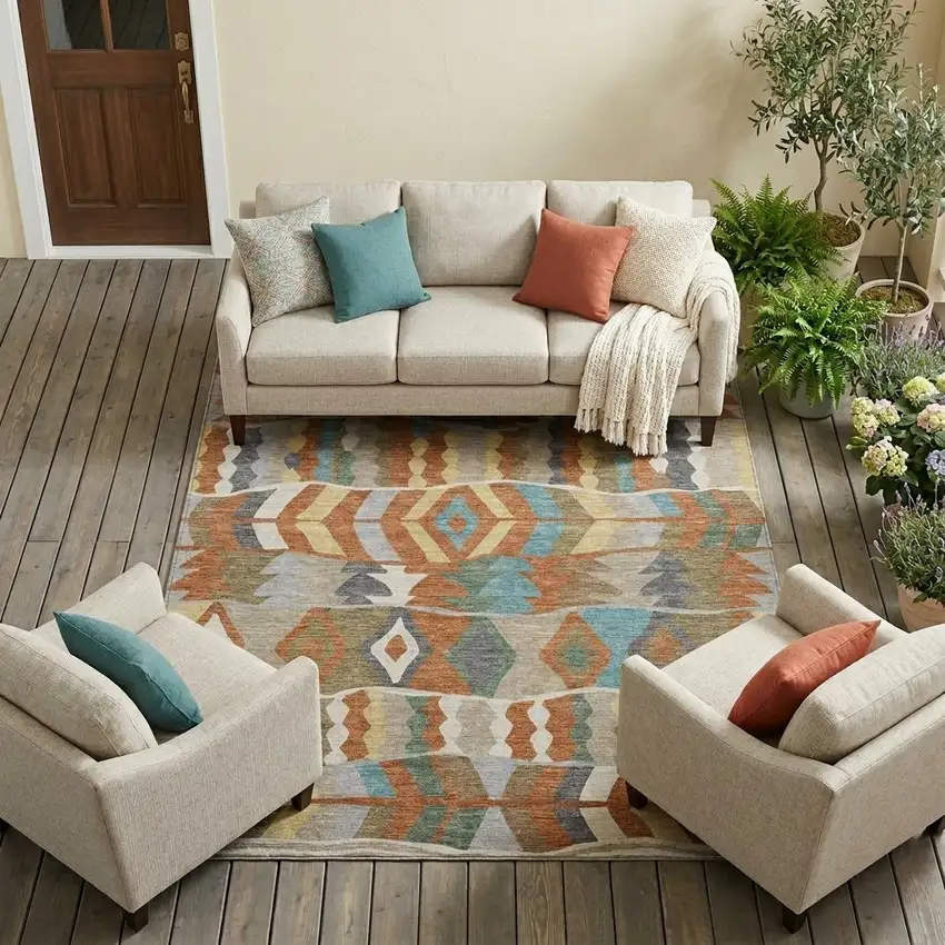 Rust And Orange Geometric Washable Indoor Outdoor Area Rug Photo 1