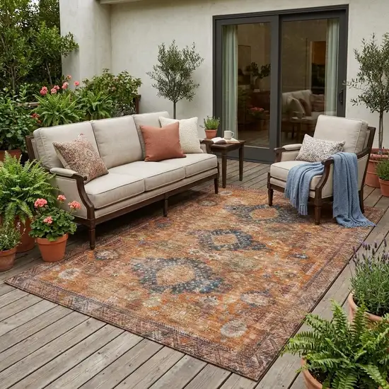 Rust And Orange Oriental Washable Indoor Outdoor Area Rug Photo 1