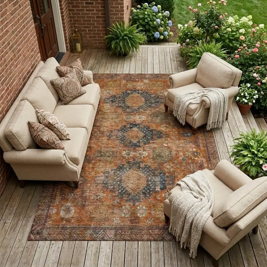 Rust And Orange Oriental Washable Indoor Outdoor Area Rug Photo 1