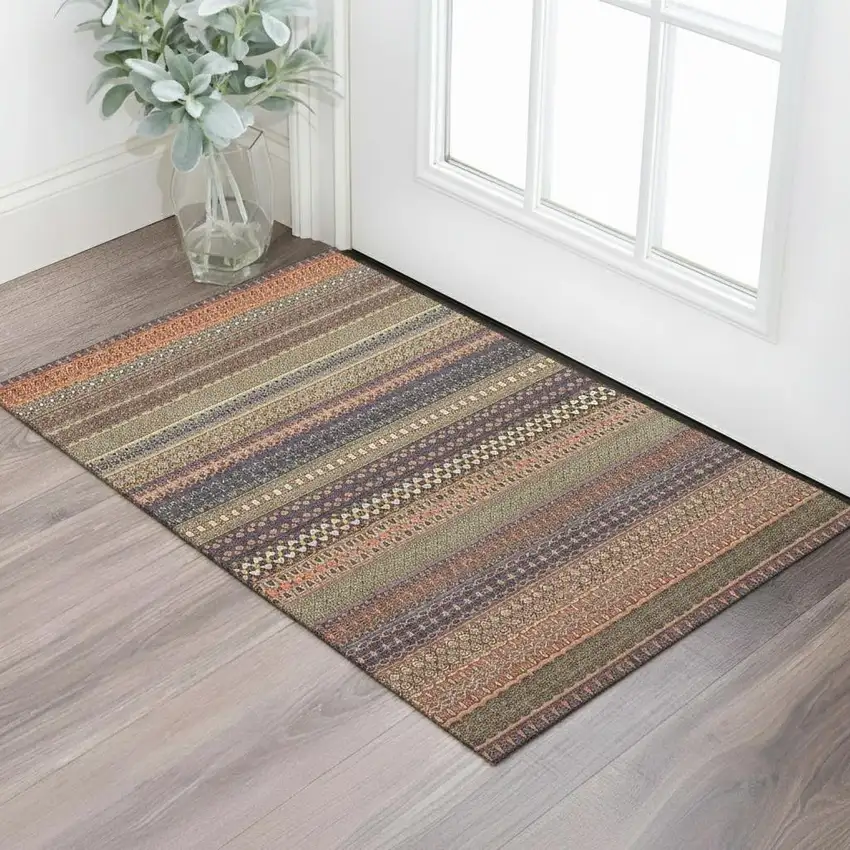 Rust And Purple Striped Washable Area Rug With UV Protection Photo 1