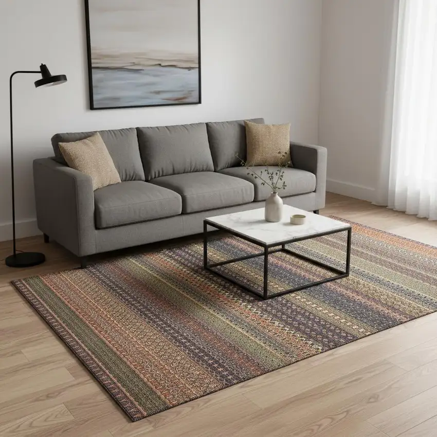 Rust And Purple Striped Washable Area Rug With UV Protection Photo 2