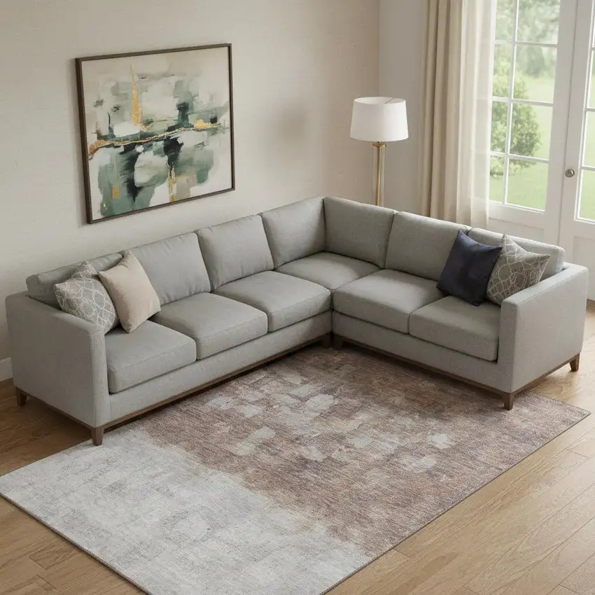 Rust And Silver Abstract Washable Area Rug With UV Protection Photo 2