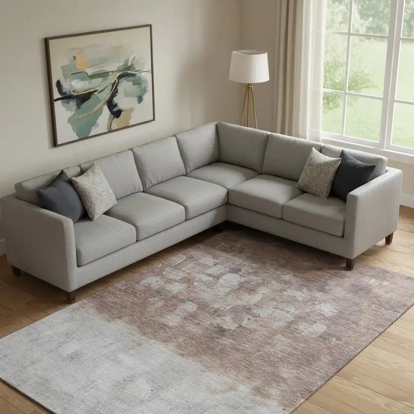 Rust And Silver Abstract Washable Area Rug With UV Protection Photo 2