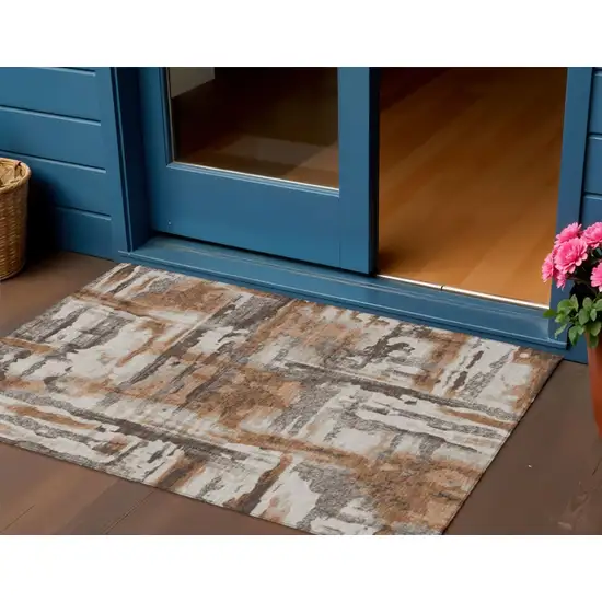 Rust And Taupe Abstract Washable Indoor Outdoor Area Rug Photo 2