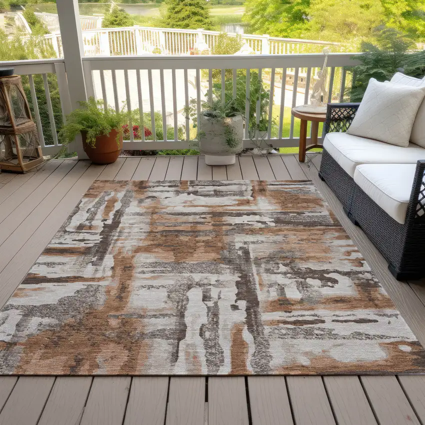 Rust And Taupe Abstract Washable Indoor Outdoor Area Rug Photo 5