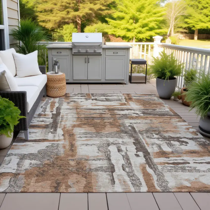 Rust And Taupe Abstract Washable Indoor Outdoor Area Rug Photo 6