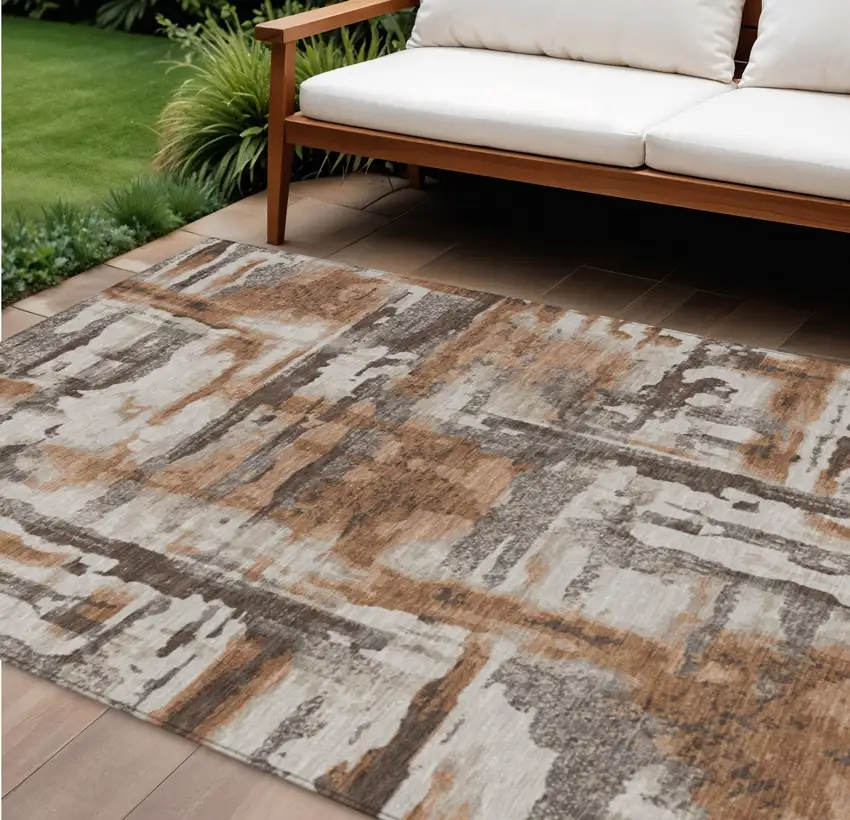 Rust And Taupe Abstract Washable Indoor Outdoor Area Rug Photo 2