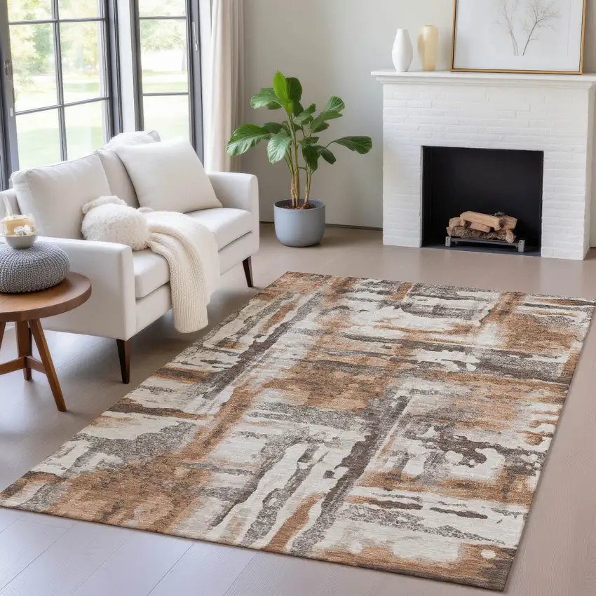 Rust And Taupe Abstract Washable Indoor Outdoor Area Rug Photo 3