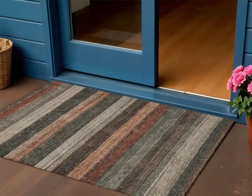 Rust And Taupe Striped Washable Indoor Outdoor Area Rug Photo 2