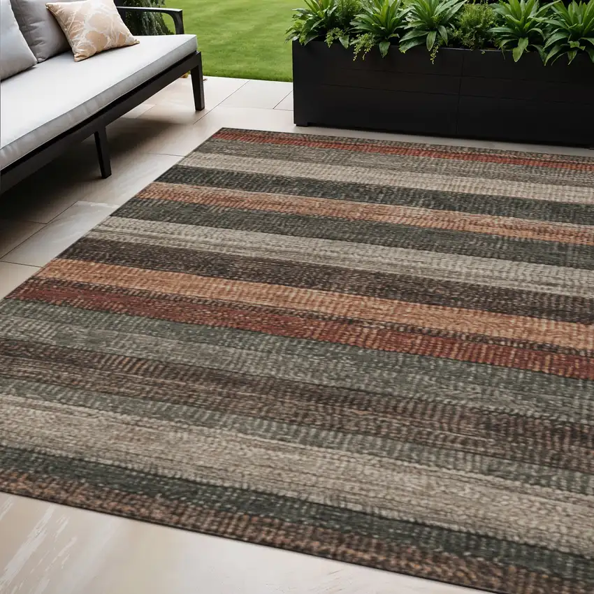 Rust And Taupe Striped Washable Indoor Outdoor Area Rug Photo 2