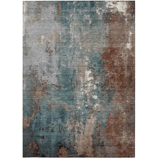 Rust And Teal Blue Abstract Washable Indoor Outdoor Area Rug Photo 4