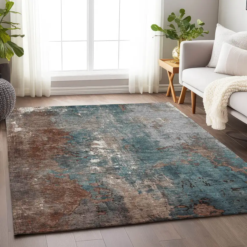 Rust And Teal Blue Abstract Washable Indoor Outdoor Area Rug Photo 6