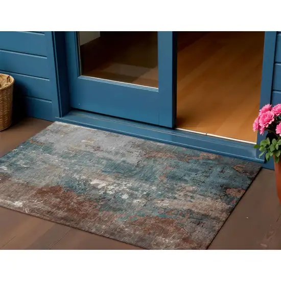 Rust And Teal Blue Abstract Washable Indoor Outdoor Area Rug Photo 2