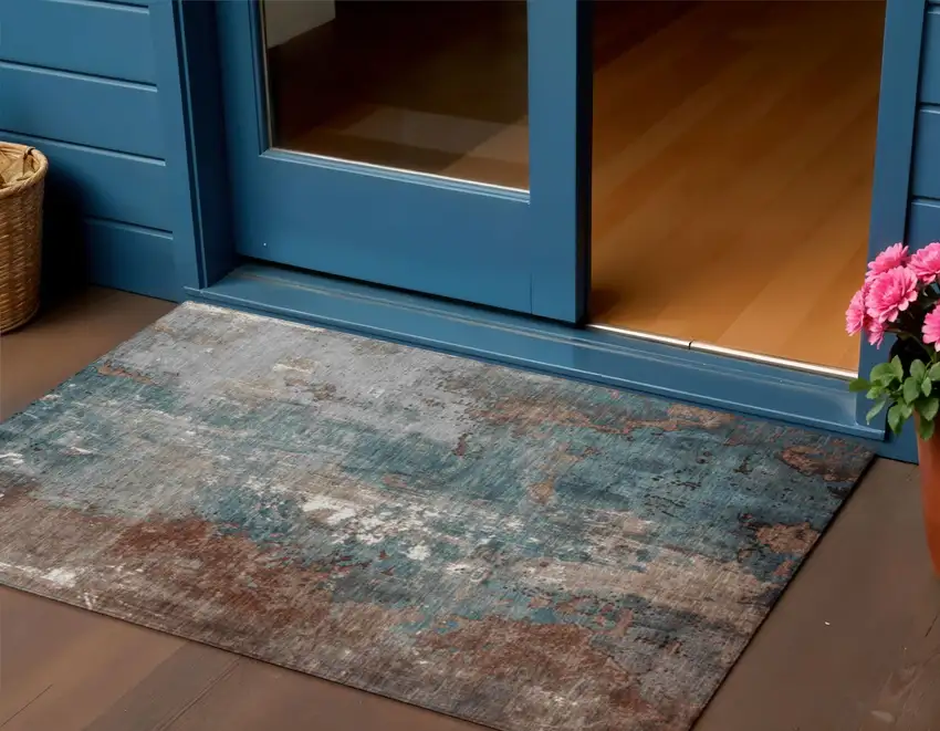 Rust And Teal Blue Abstract Washable Indoor Outdoor Area Rug Photo 2