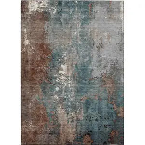 Photo of Rust And Teal Blue Abstract Washable Indoor Outdoor Area Rug