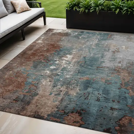 Rust And Teal Blue Abstract Washable Indoor Outdoor Area Rug Photo 2
