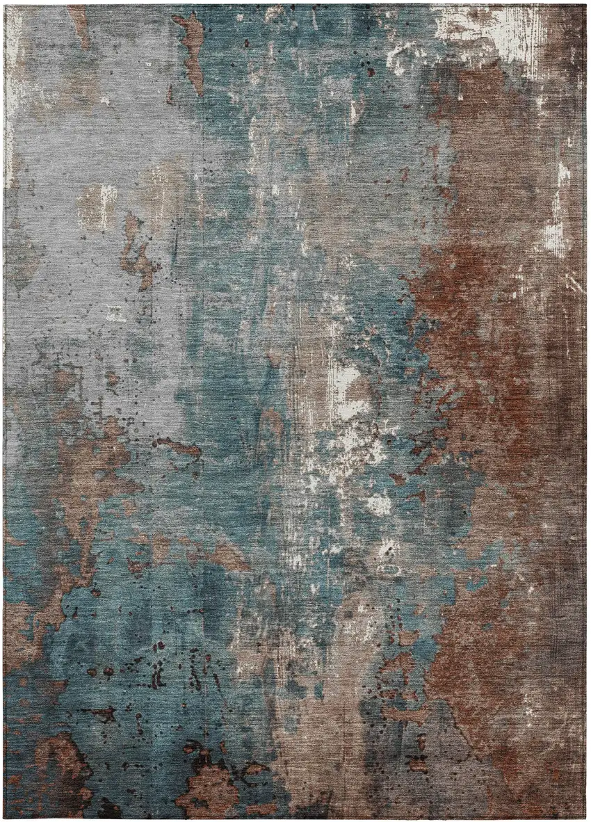 Rust And Teal Blue Abstract Washable Indoor Outdoor Area Rug Photo 4