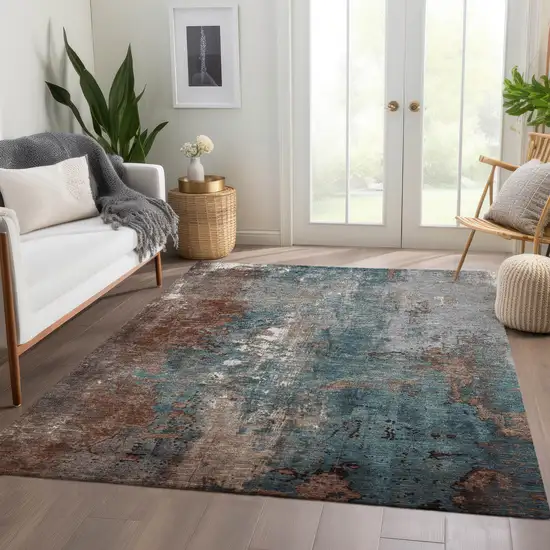 Rust And Teal Blue Abstract Washable Indoor Outdoor Area Rug Photo 7