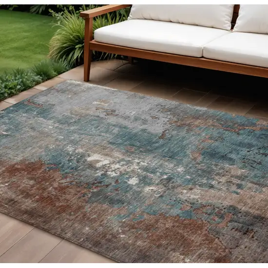 Rust And Teal Blue Abstract Washable Indoor Outdoor Area Rug Photo 2