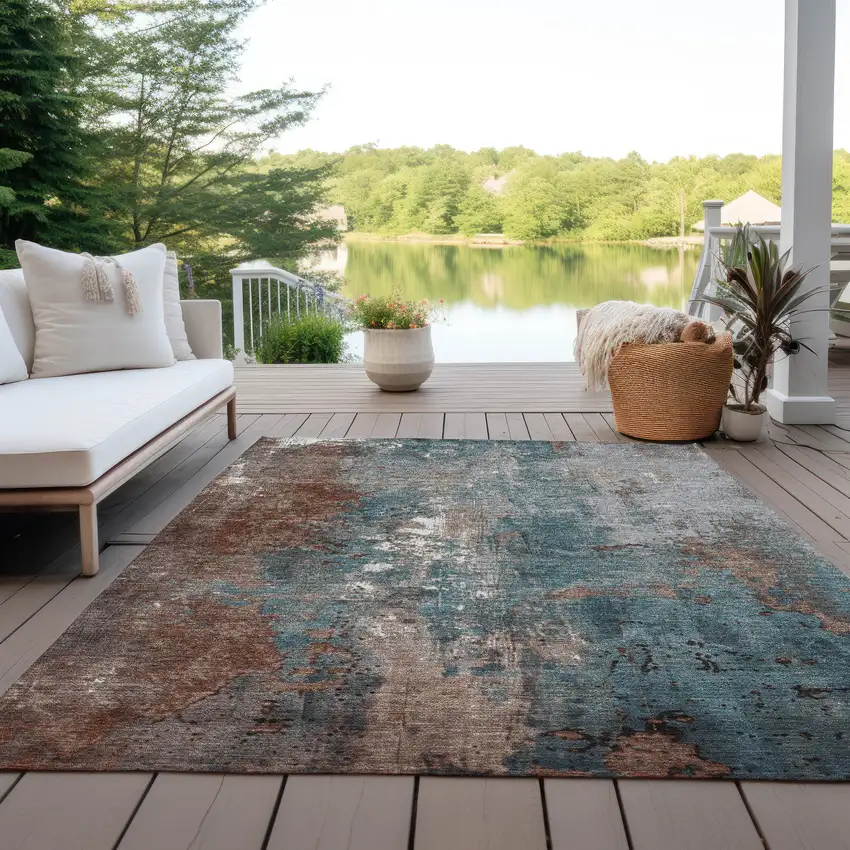 Rust And Teal Blue Abstract Washable Indoor Outdoor Area Rug Photo 4