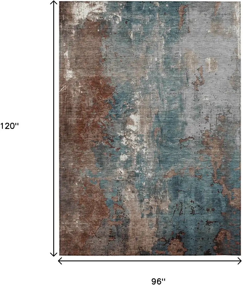 Rust And Teal Blue Abstract Washable Indoor Outdoor Area Rug Photo 9