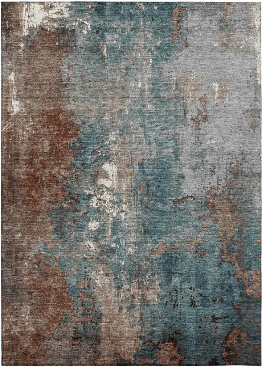 Rust And Teal Blue Abstract Washable Indoor Outdoor Area Rug Photo 1