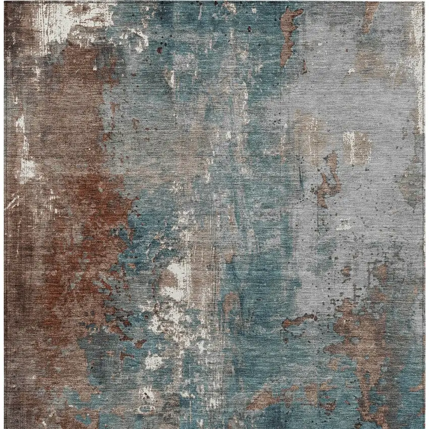 Rust And Teal Blue Abstract Washable Indoor Outdoor Area Rug Photo 7