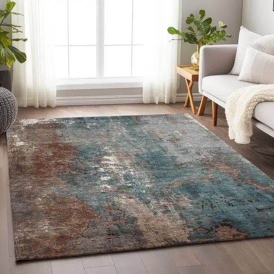 Rust And Teal Blue Abstract Washable Indoor Outdoor Area Rug Photo 6