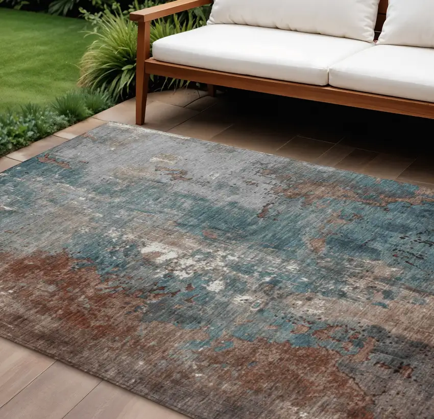 Rust And Teal Blue Abstract Washable Indoor Outdoor Area Rug Photo 2