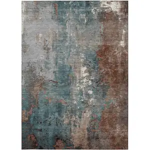 Photo of Rust And Teal Blue Abstract Washable Indoor Outdoor Area Rug