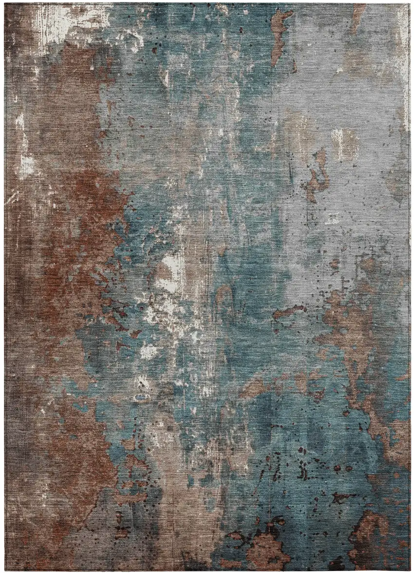 Rust And Teal Blue Abstract Washable Indoor Outdoor Area Rug Photo 3