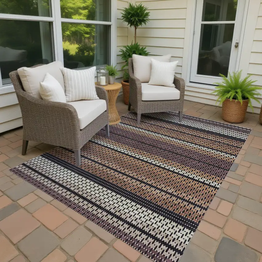 Rust Beige And Black Striped Washable Indoor Outdoor Area Rug Photo 3