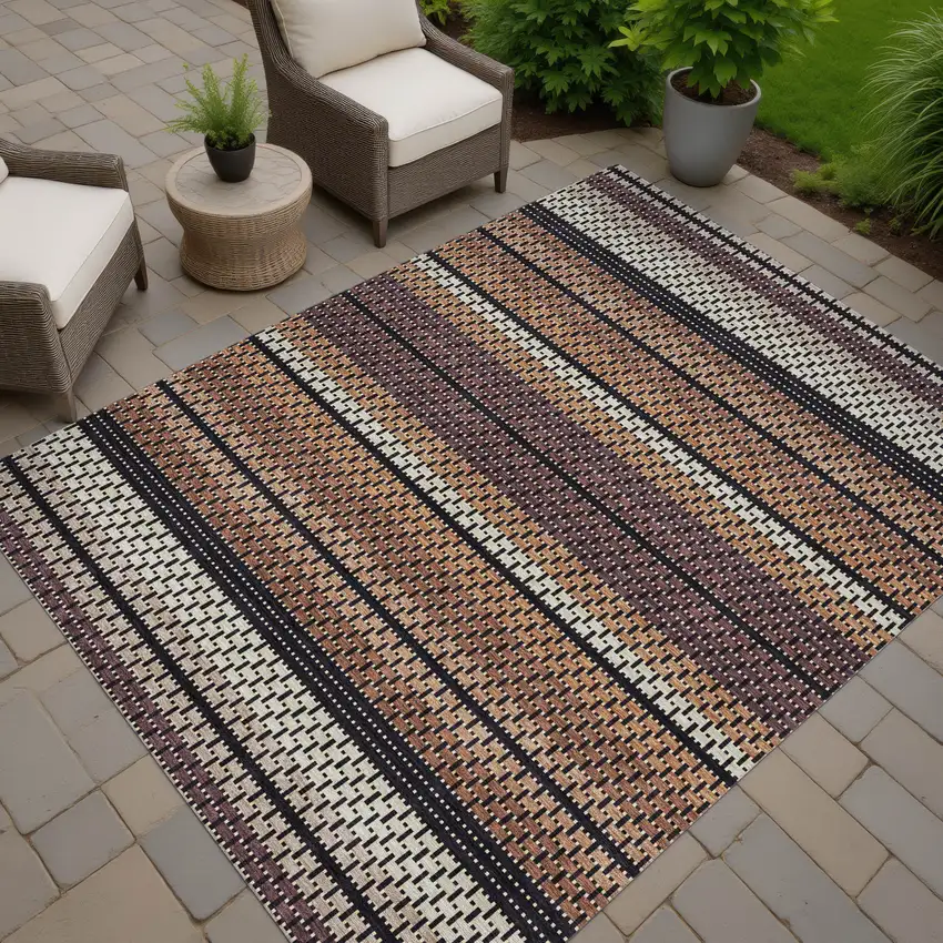 Rust Beige And Black Striped Washable Indoor Outdoor Area Rug Photo 6