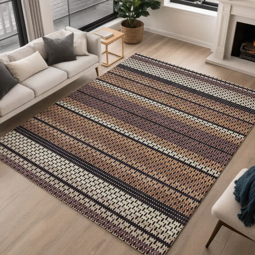Rust Beige And Black Striped Washable Indoor Outdoor Area Rug Photo 4