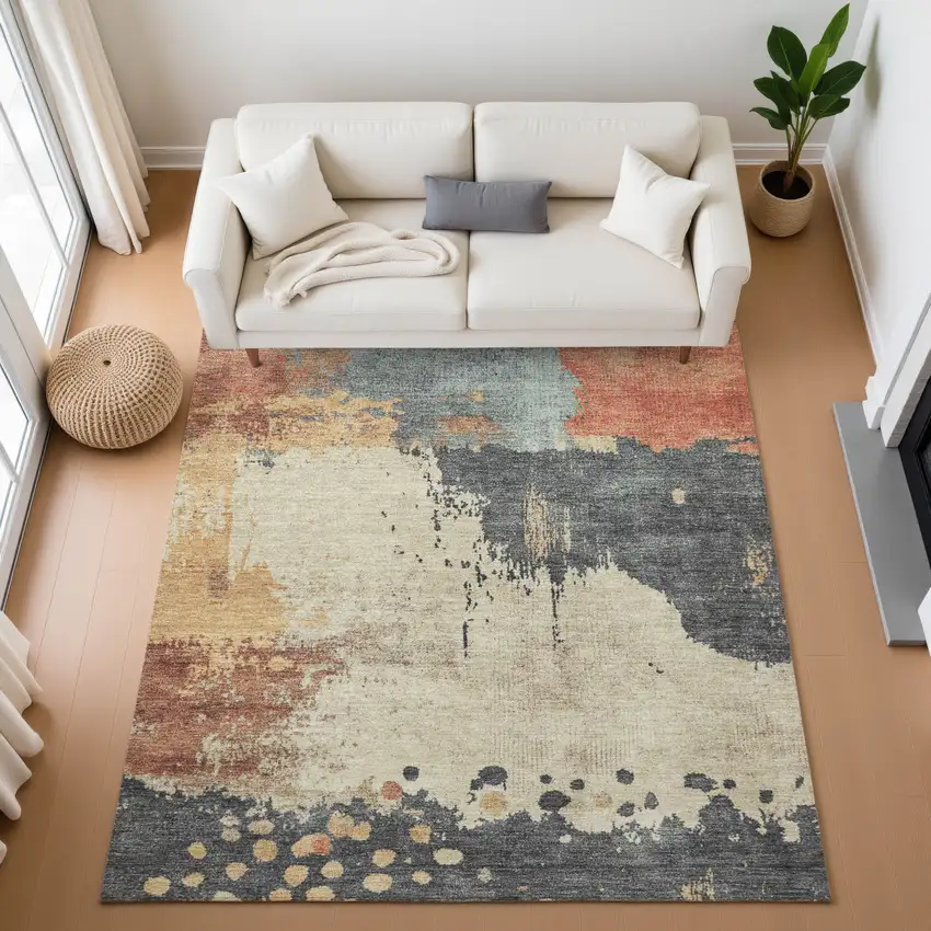 Rust Beige And Blue Abstract Washable Area Rug With UV Protection Photo 5