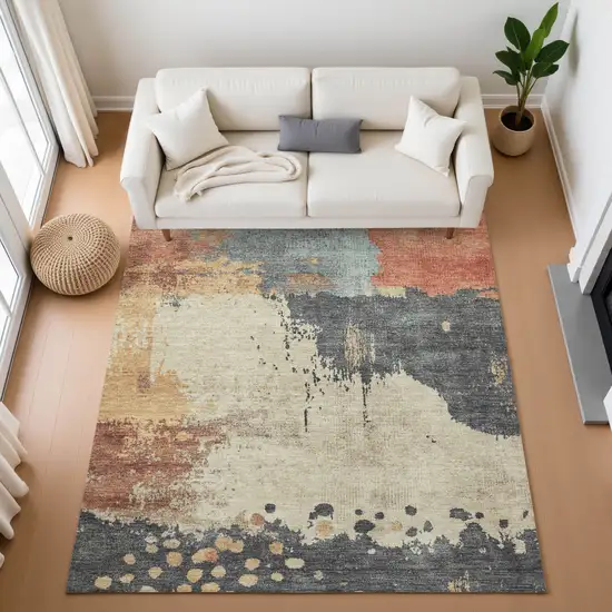 Rust Beige And Blue Abstract Washable Area Rug With UV Protection Photo 5