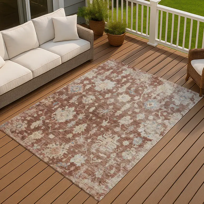 Rust Beige And Blue Floral Washable Indoor Outdoor Area Rug Photo 2