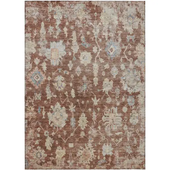 Rust Beige And Blue Floral Washable Indoor Outdoor Area Rug Photo 7