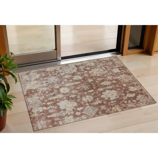 Rust Beige And Blue Floral Washable Indoor Outdoor Area Rug Photo 1