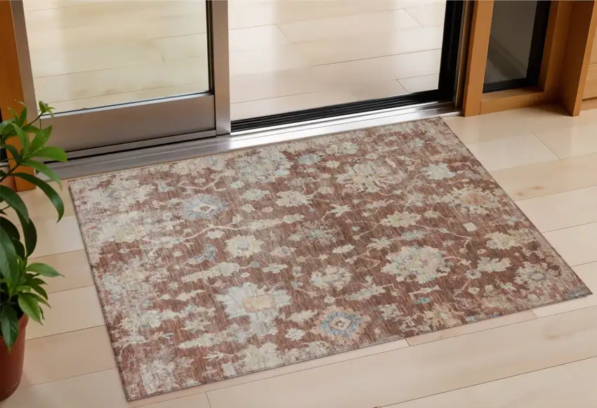 Rust Beige And Blue Floral Washable Indoor Outdoor Area Rug Photo 1