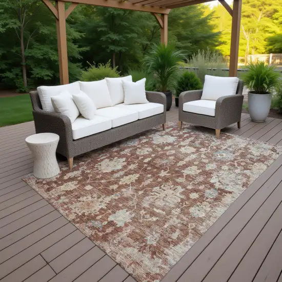 Rust Beige And Blue Floral Washable Indoor Outdoor Area Rug Photo 5