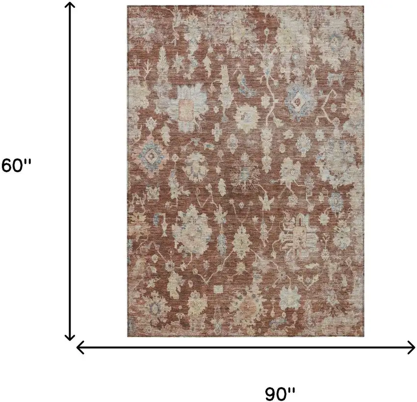 Rust Beige And Blue Floral Washable Indoor Outdoor Area Rug Photo 3