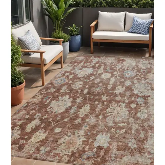 Rust Beige And Blue Floral Washable Indoor Outdoor Area Rug Photo 1