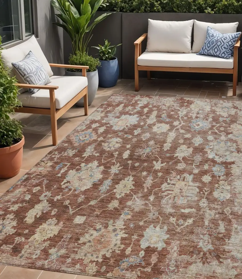 Rust Beige And Blue Floral Washable Indoor Outdoor Area Rug Photo 1