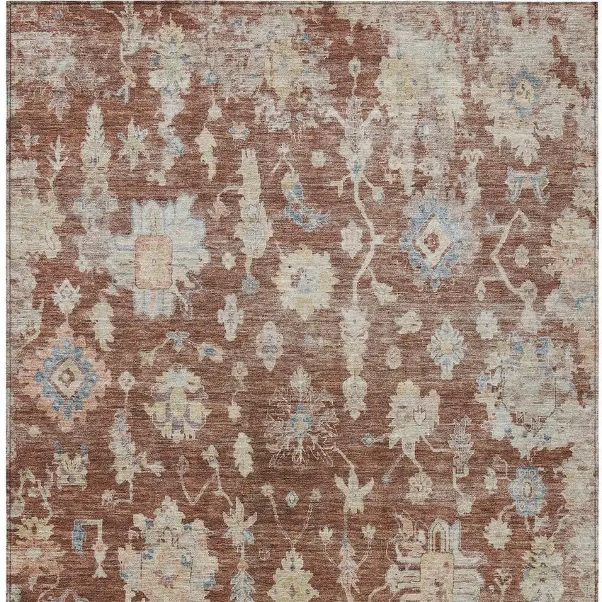 Rust Beige And Blue Floral Washable Indoor Outdoor Area Rug Photo 5