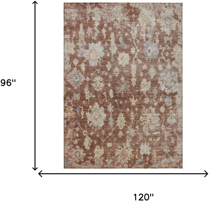 Rust Beige And Blue Floral Washable Indoor Outdoor Area Rug Photo 3