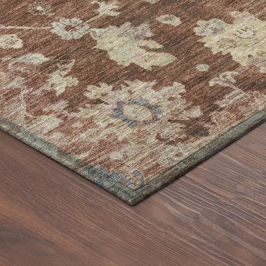Rust Beige And Blue Floral Washable Indoor Outdoor Area Rug Photo 9